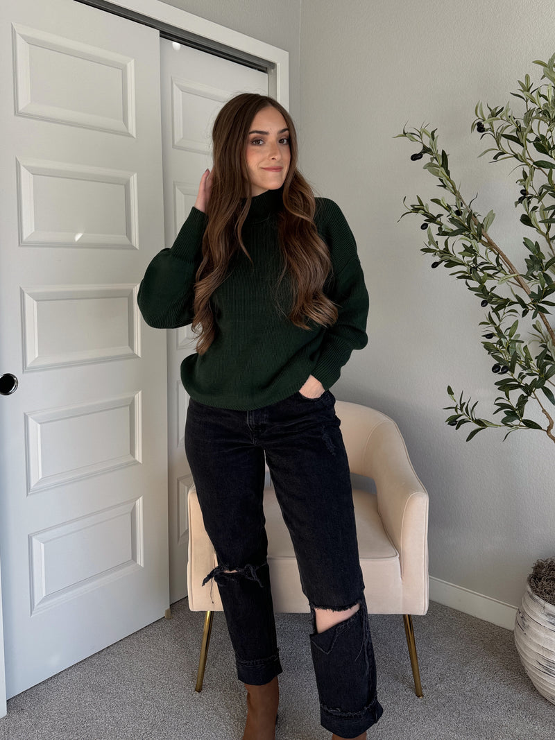 Hudson Mock Neck Ribbed Knit Sweater (Hunter Green)