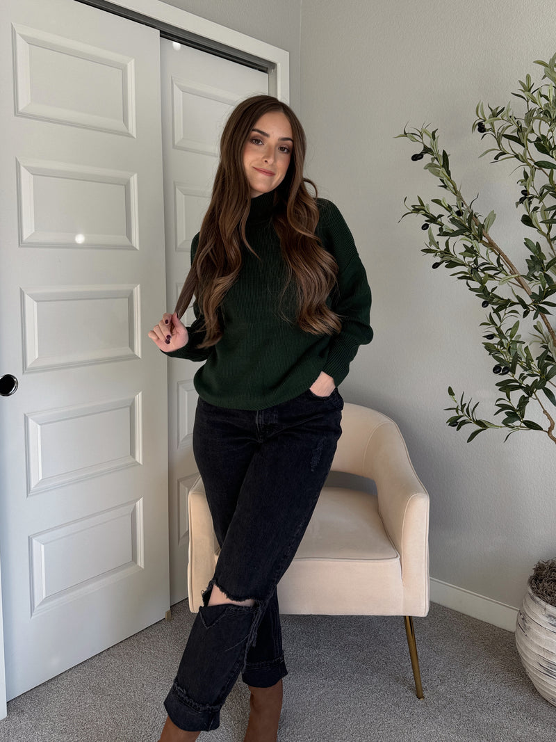 Hudson Mock Neck Ribbed Knit Sweater (Hunter Green)