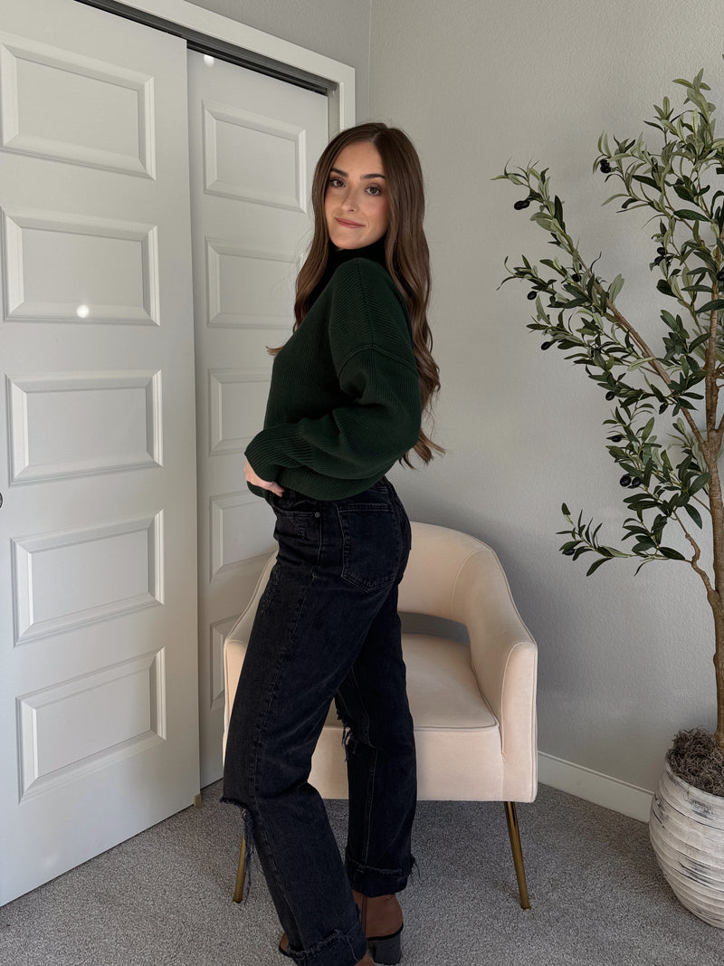 Hudson Mock Neck Ribbed Knit Sweater (Hunter Green)