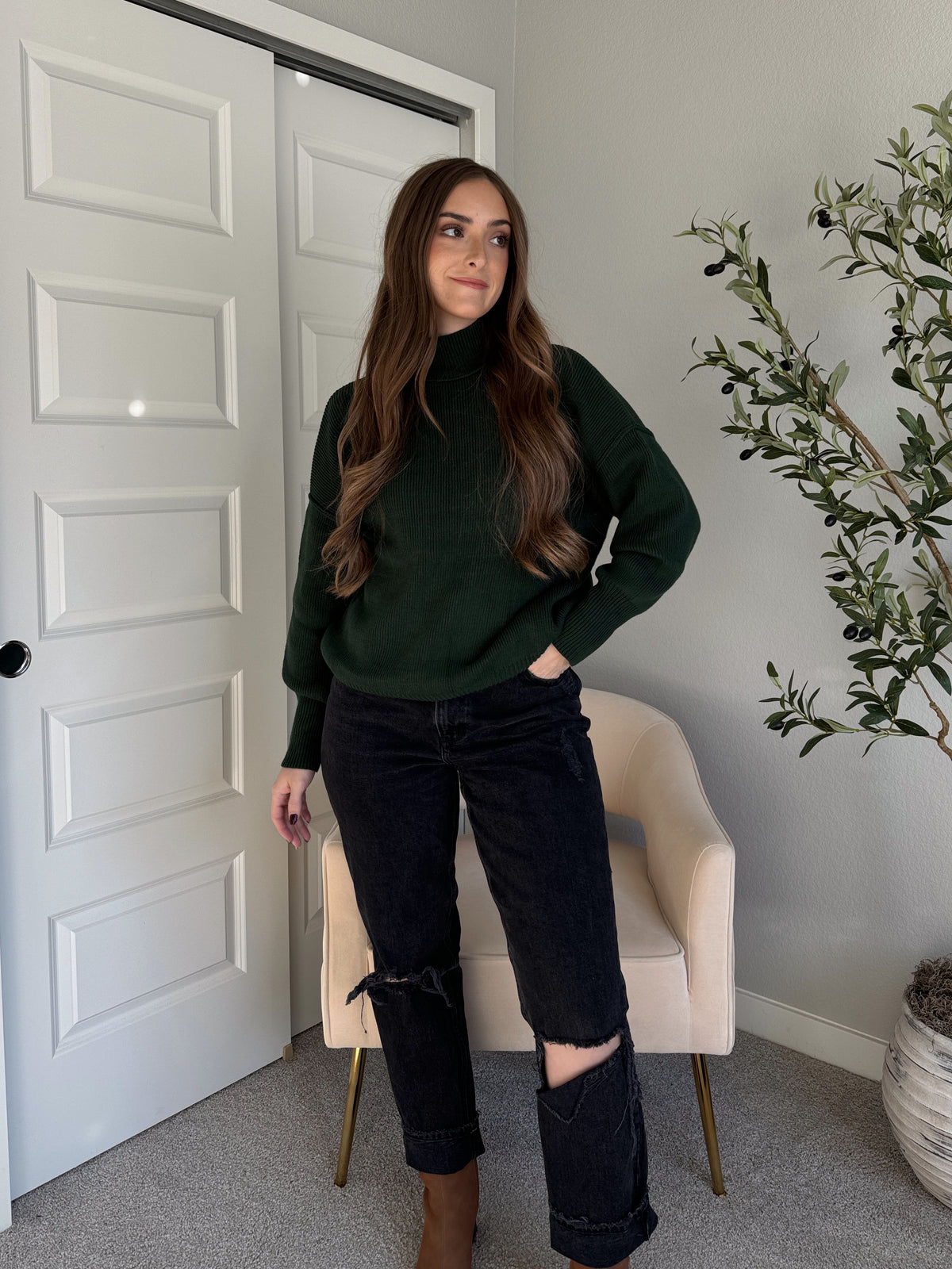 Hudson Mock Neck Ribbed Knit Sweater (Hunter Green)