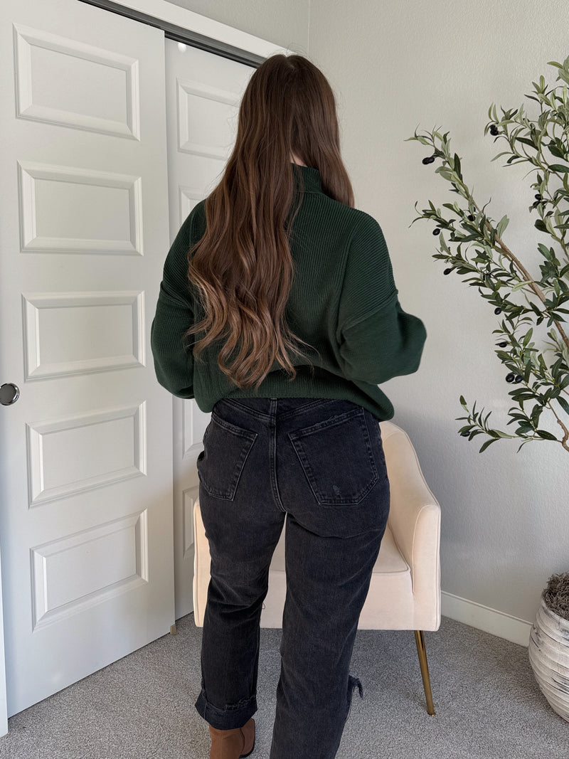 Hudson Mock Neck Ribbed Knit Sweater (Hunter Green)