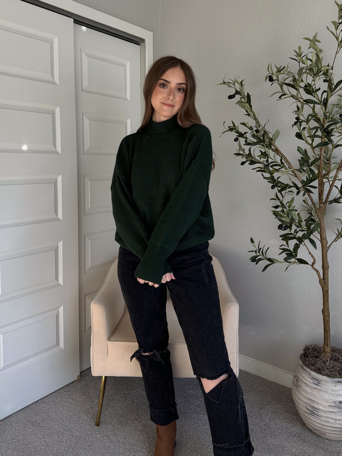 Hudson Mock Neck Ribbed Knit Sweater (Hunter Green)