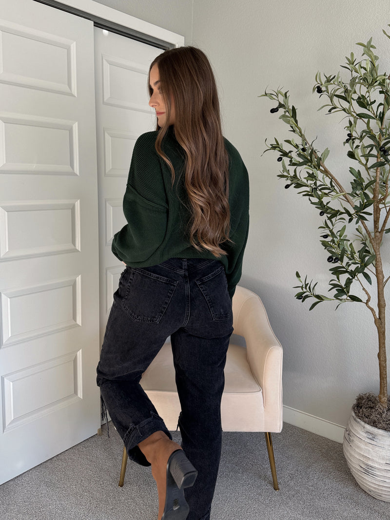 Hudson Mock Neck Ribbed Knit Sweater (Hunter Green)