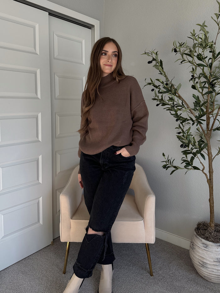 Hudson Mock Neck Ribbed Knit Sweater (Mocha)