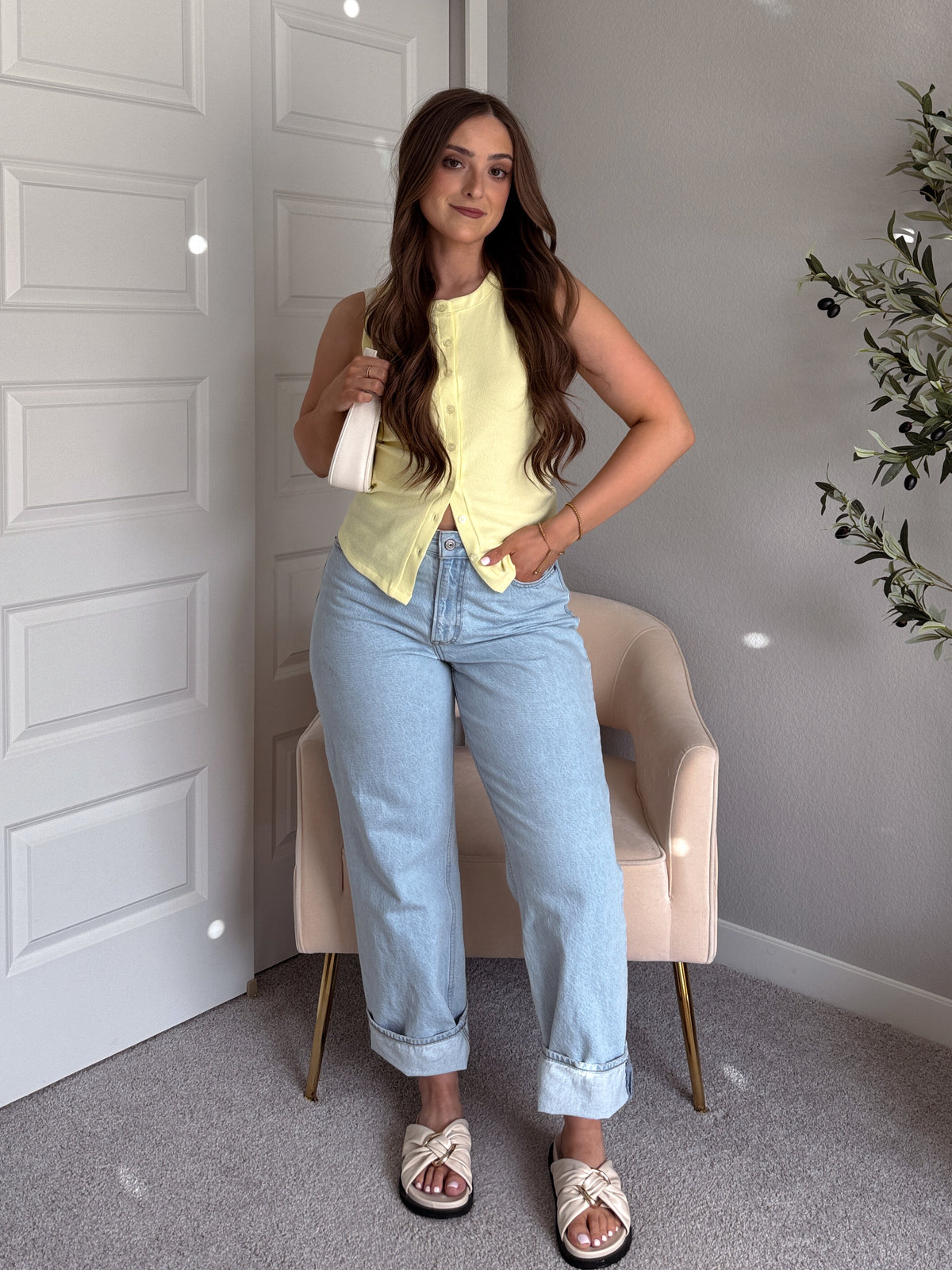 In Bloom Ribbed Button Front Cotton Tank (Pale Yellow)