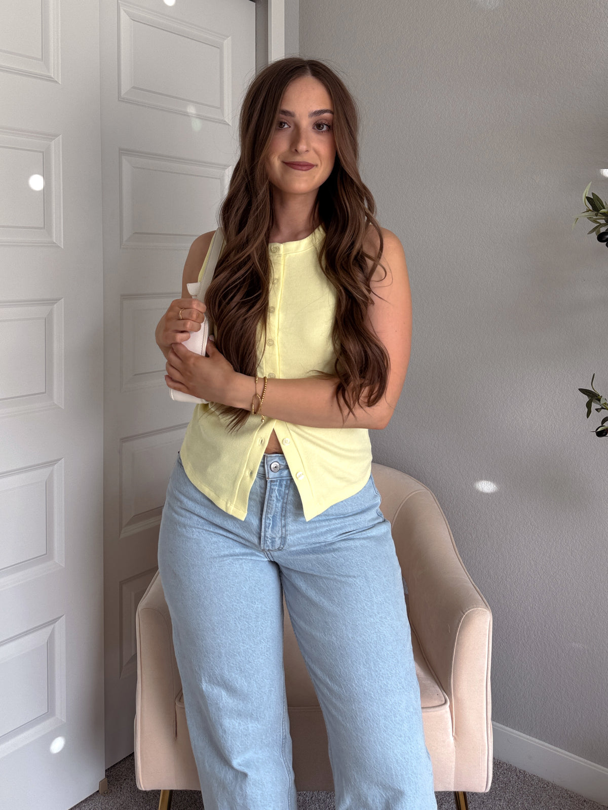 In Bloom Ribbed Button Front Cotton Tank (Pale Yellow)