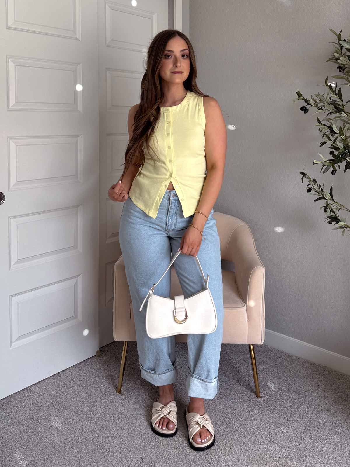 In Bloom Ribbed Button Front Cotton Tank (Pale Yellow)