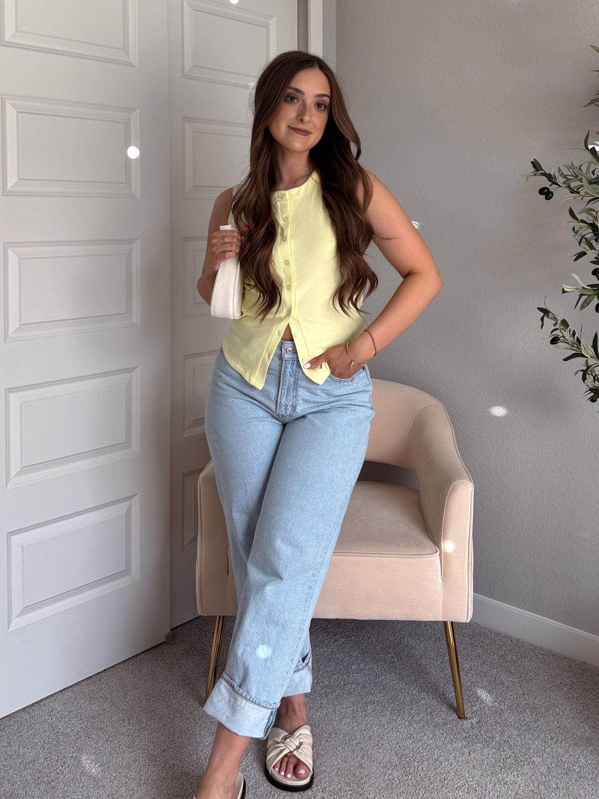 In Bloom Ribbed Button Front Cotton Tank (Pale Yellow)