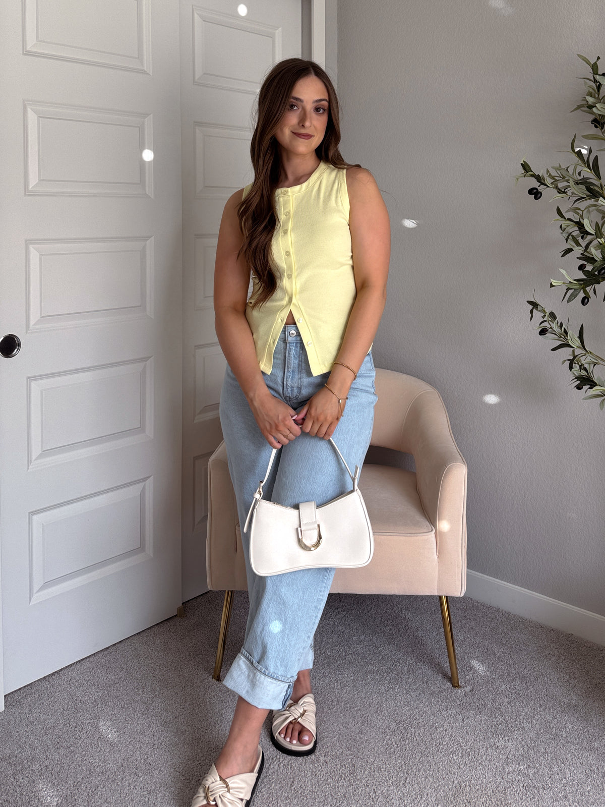 In Bloom Ribbed Button Front Cotton Tank (Pale Yellow)
