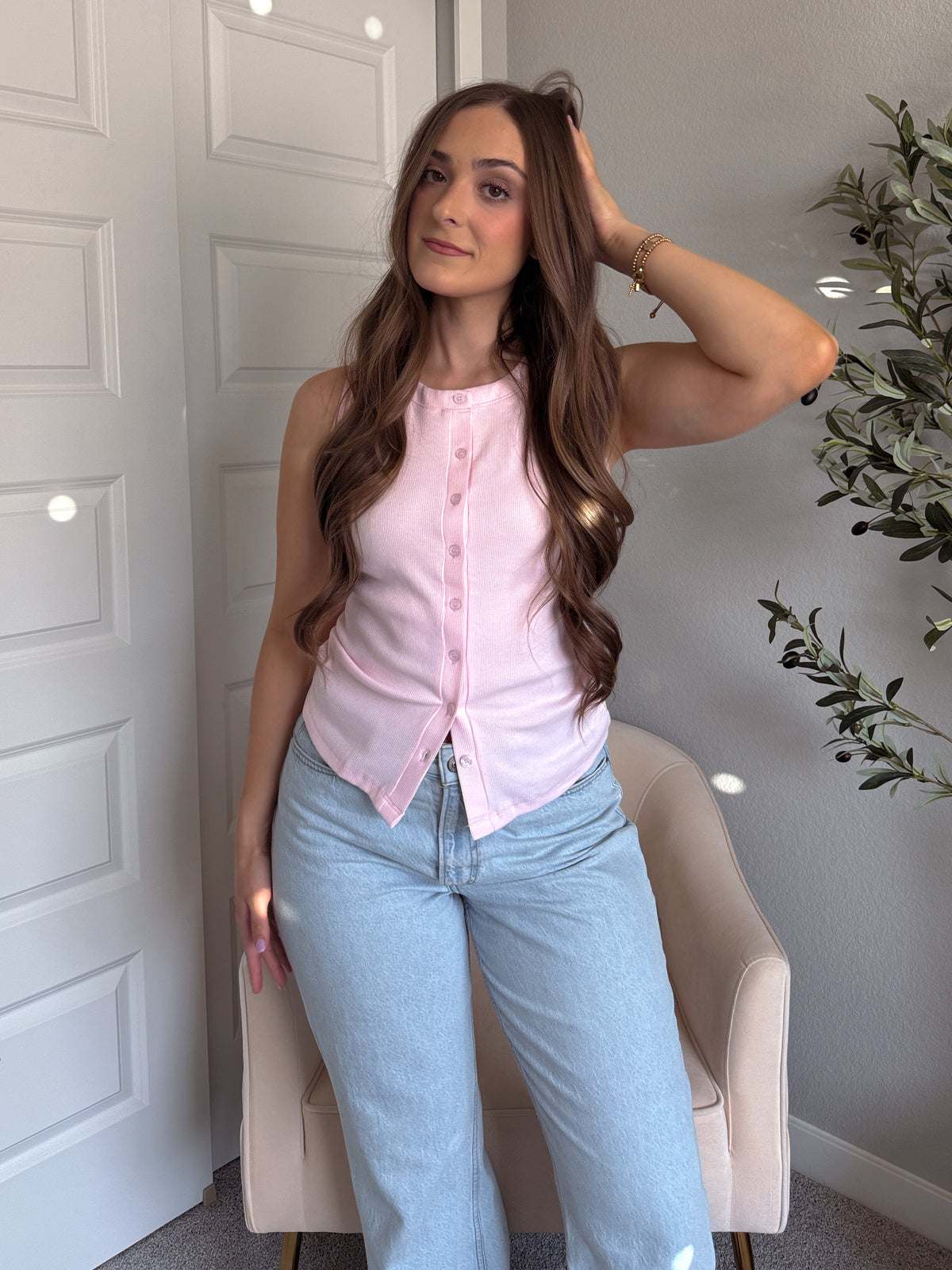 In Bloom Ribbed Button Front Cotton Tank (Soft Pink)
