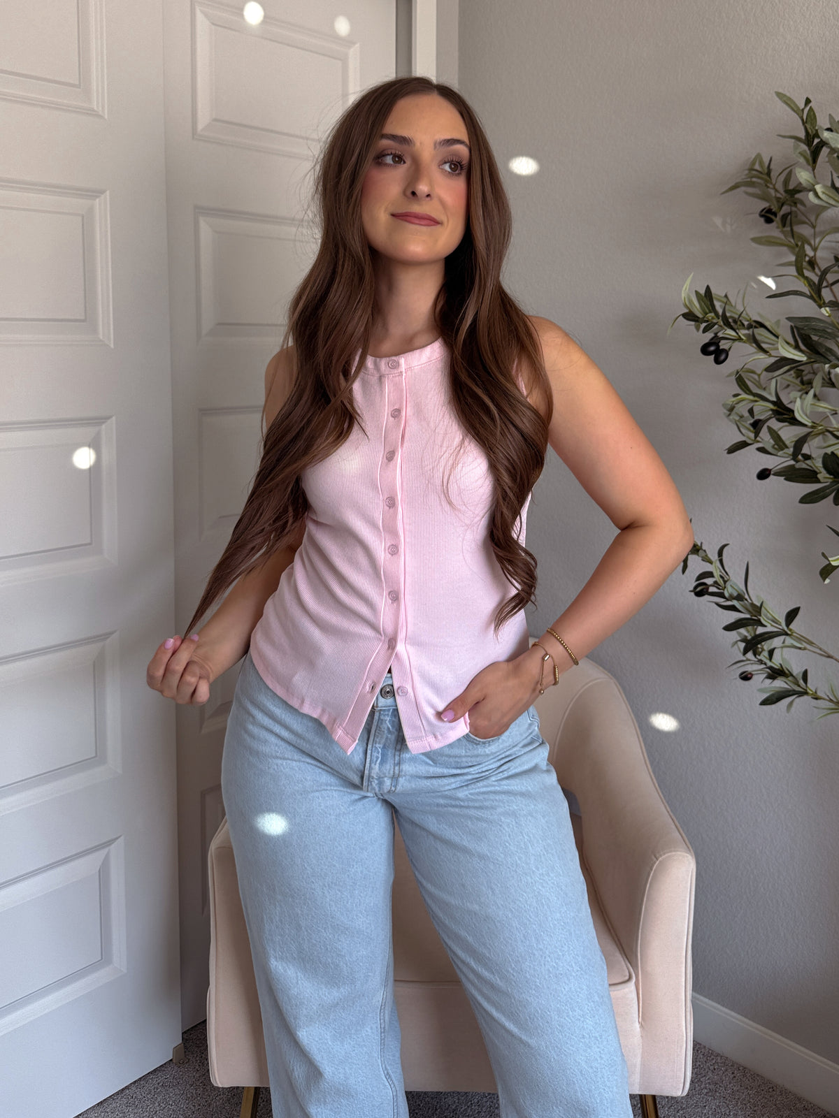 In Bloom Ribbed Button Front Cotton Tank (Soft Pink)