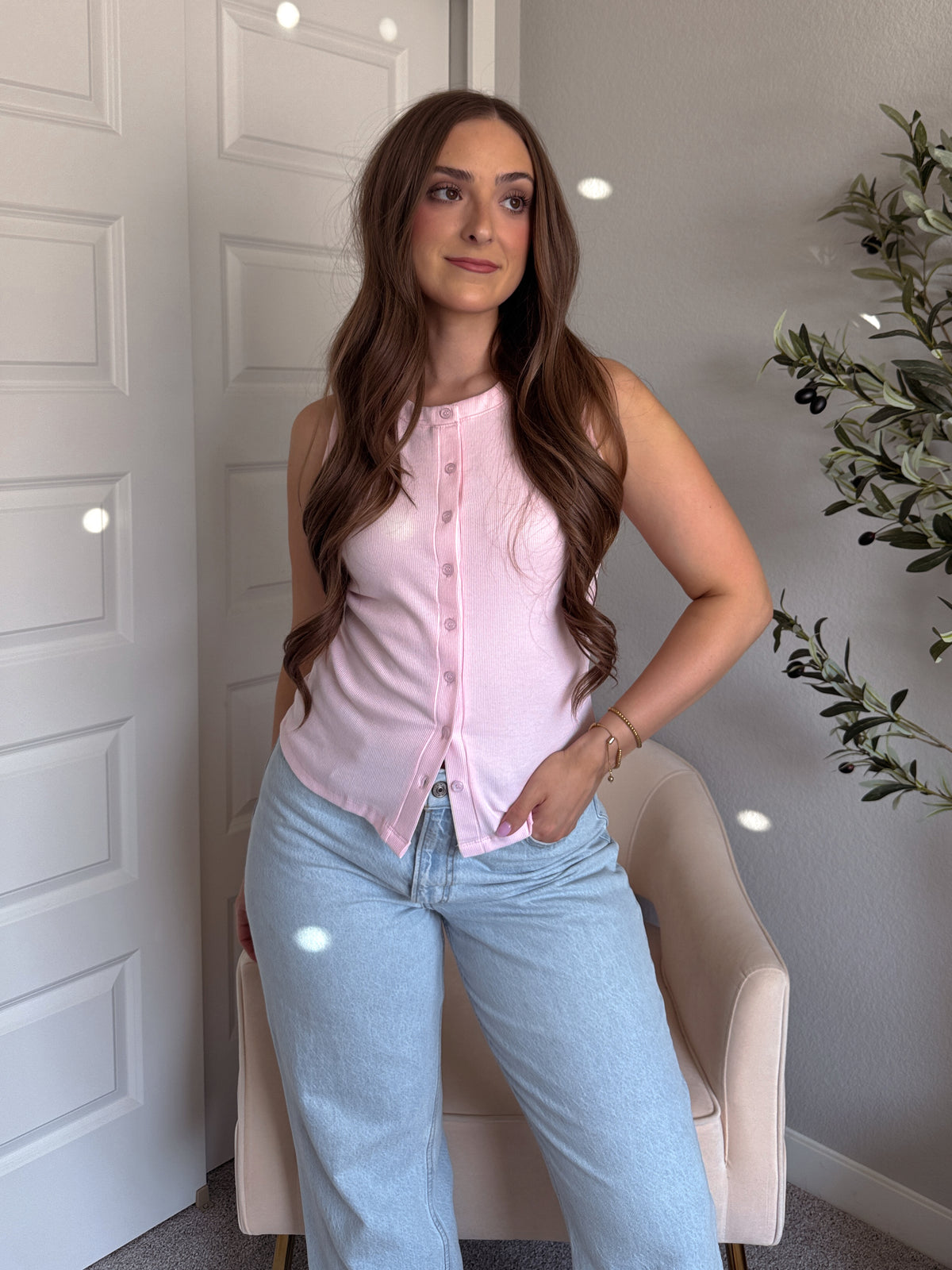 In Bloom Ribbed Button Front Cotton Tank (Soft Pink)