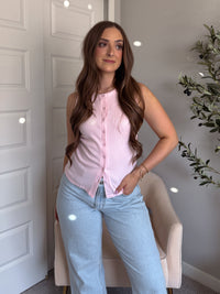 In Bloom Ribbed Button Front Cotton Tank (Soft Pink)