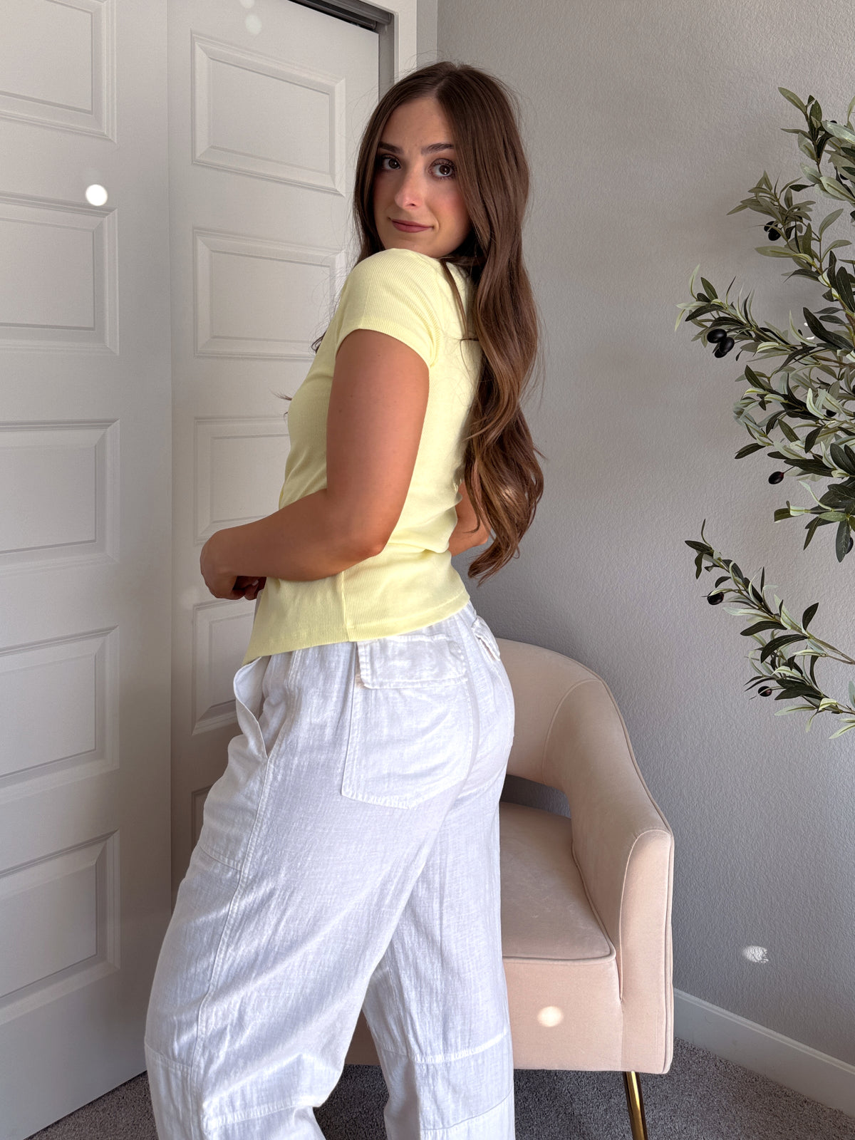 In Bloom Ribbed Button Front Cotton Tee (Pale Yellow)