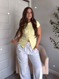 In Bloom Ribbed Button Front Cotton Tee (Pale Yellow)
