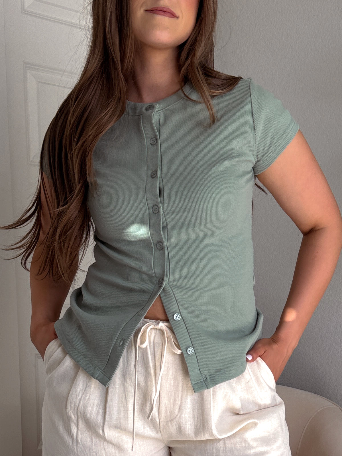 In Bloom Ribbed Button Front Cotton Tee (Sage Green)