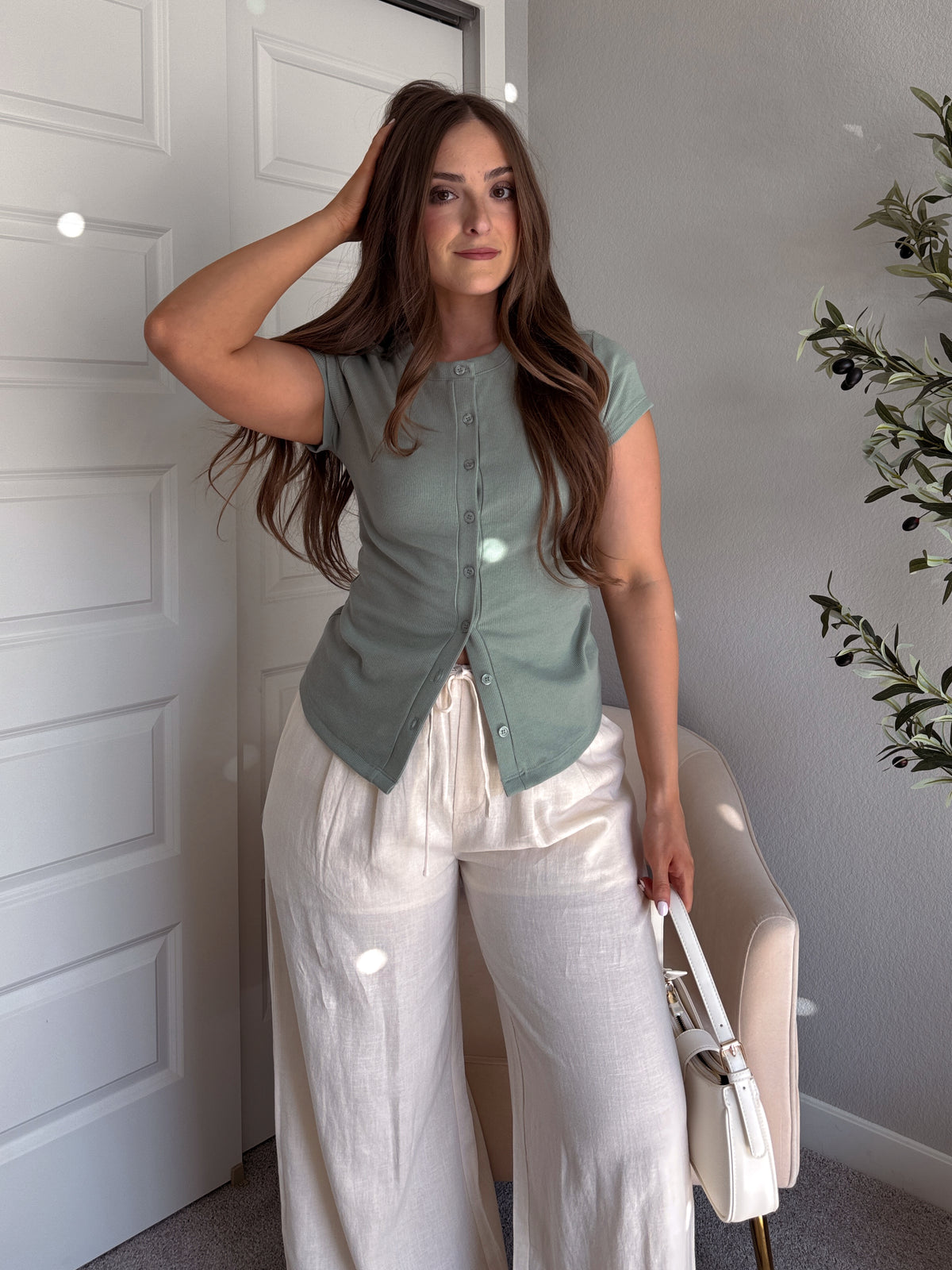 In Bloom Ribbed Button Front Cotton Tee (Sage Green)