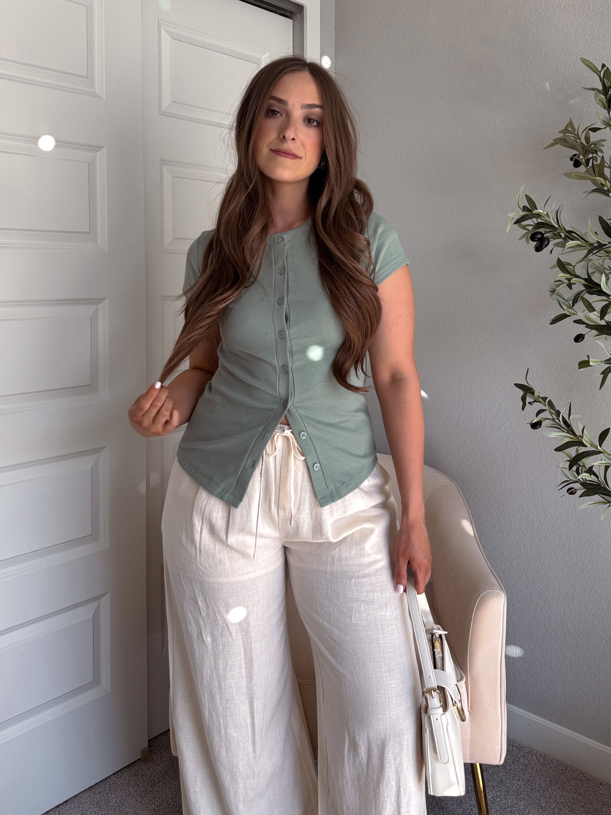 In Bloom Ribbed Button Front Cotton Tee (Sage Green)