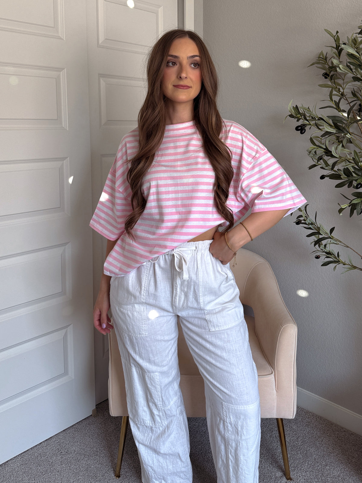 Indie Striped Cotton Boyfriend Tee (Pink/White)