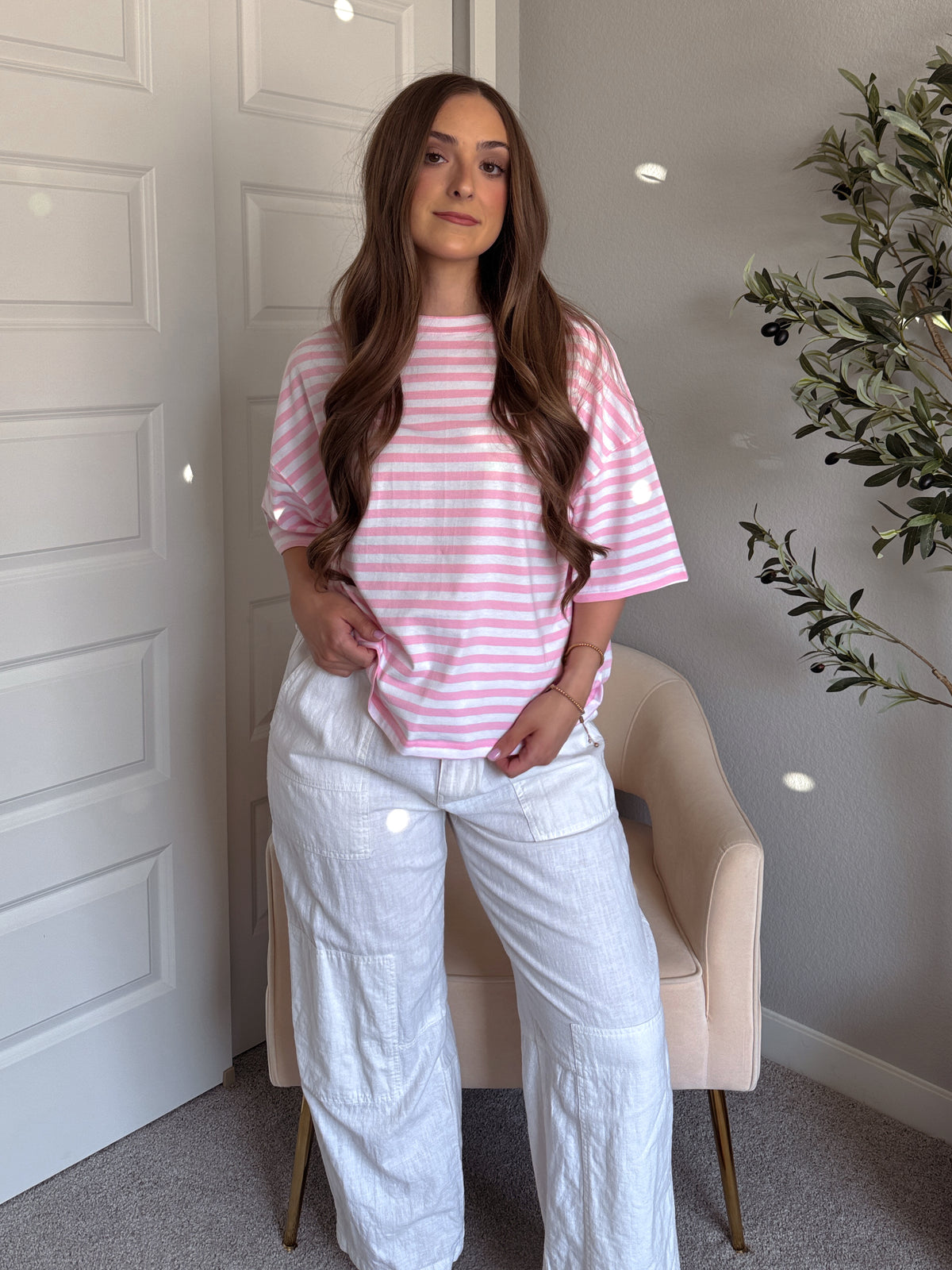 Indie Striped Cotton Boyfriend Tee (Pink/White)