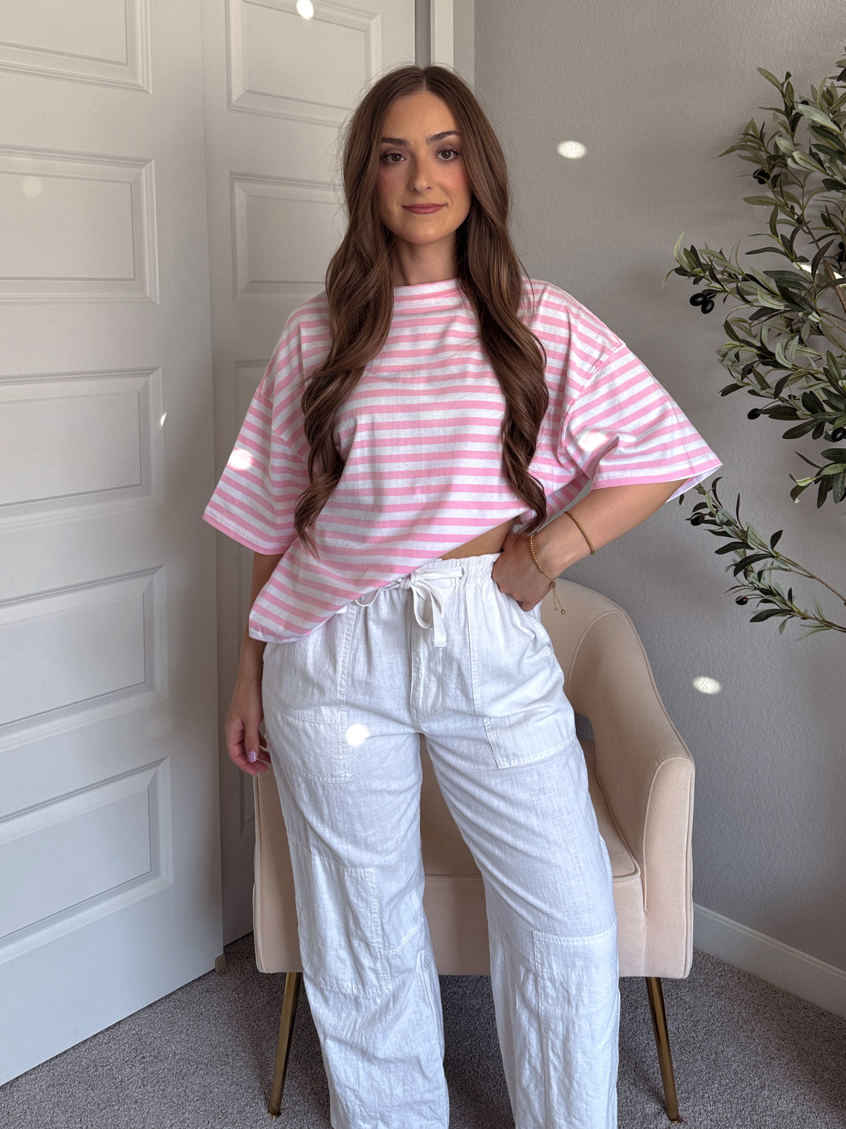 Indie Striped Cotton Boyfriend Tee (Pink/White)