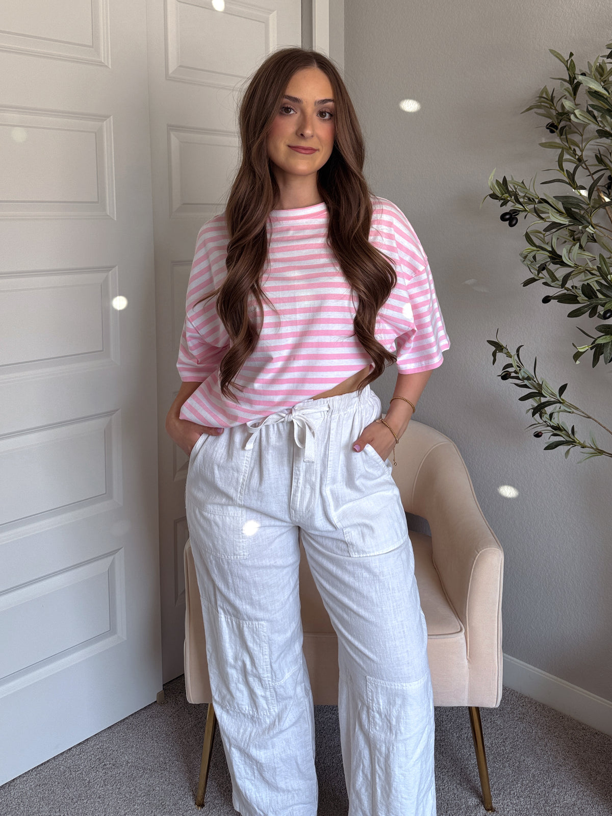 Indie Striped Cotton Boyfriend Tee (Pink/White)