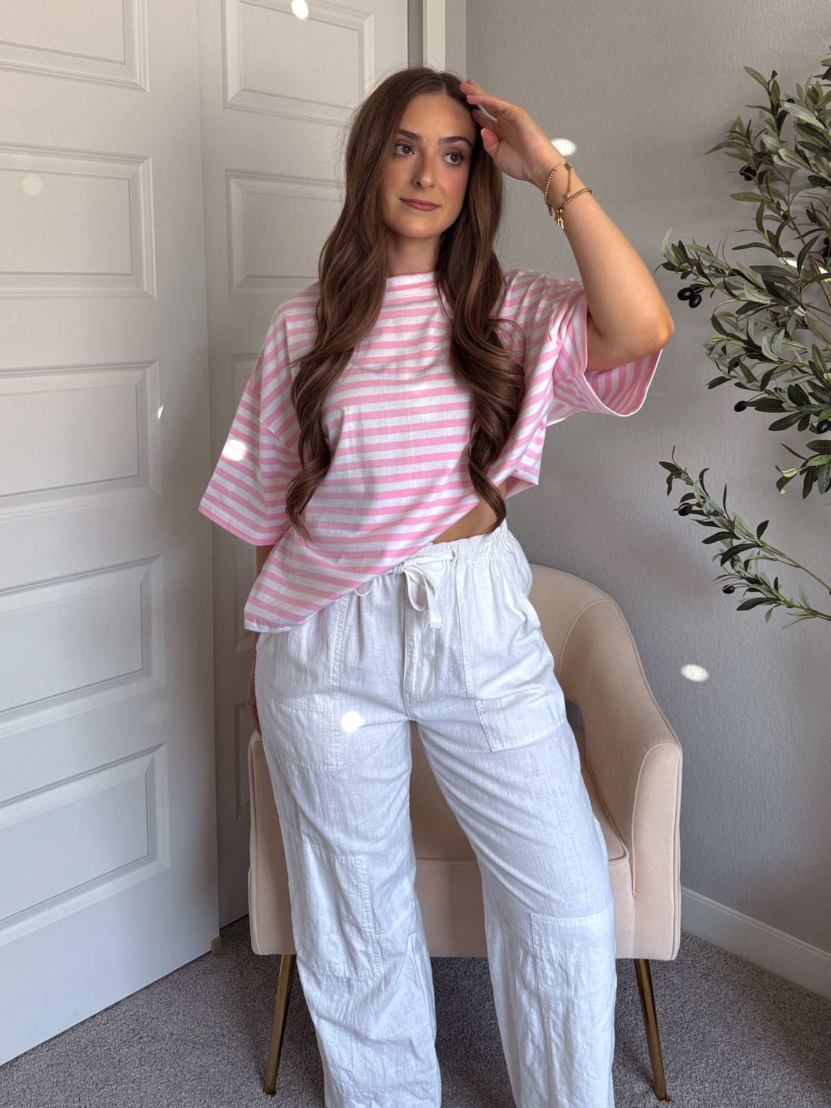 Indie Striped Cotton Boyfriend Tee (Pink/White)