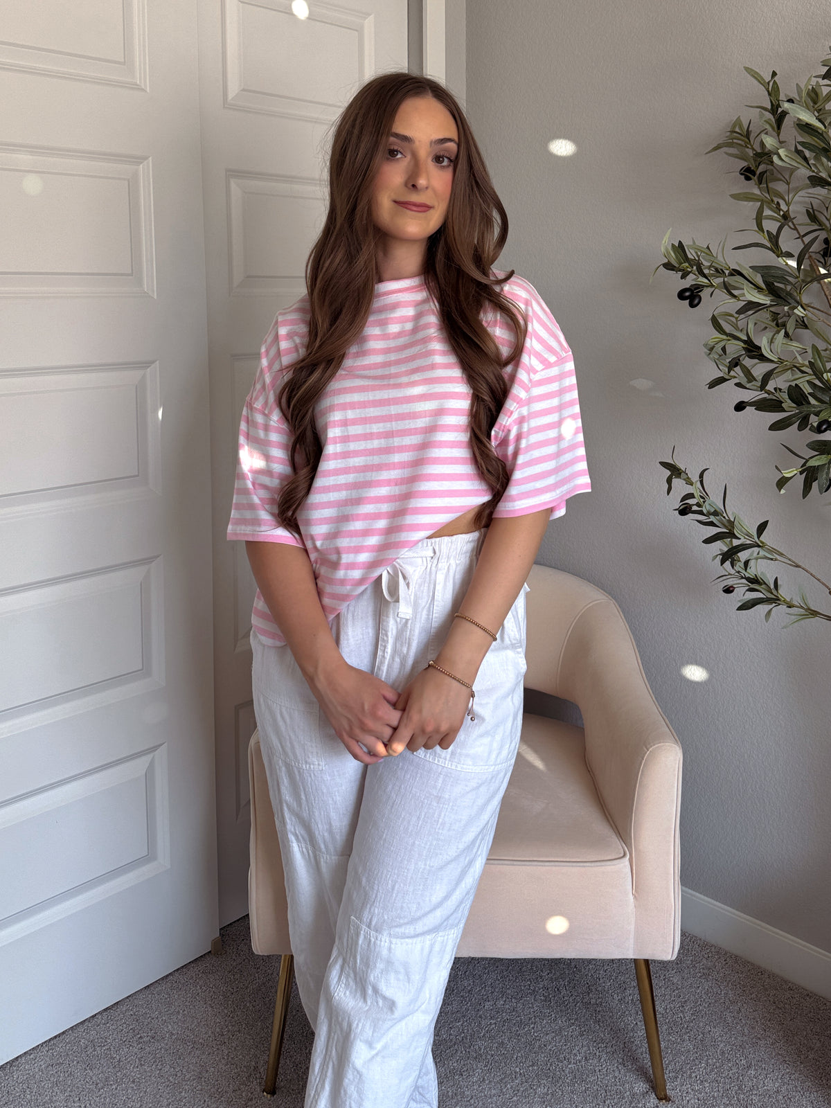 Indie Striped Cotton Boyfriend Tee (Pink/White)