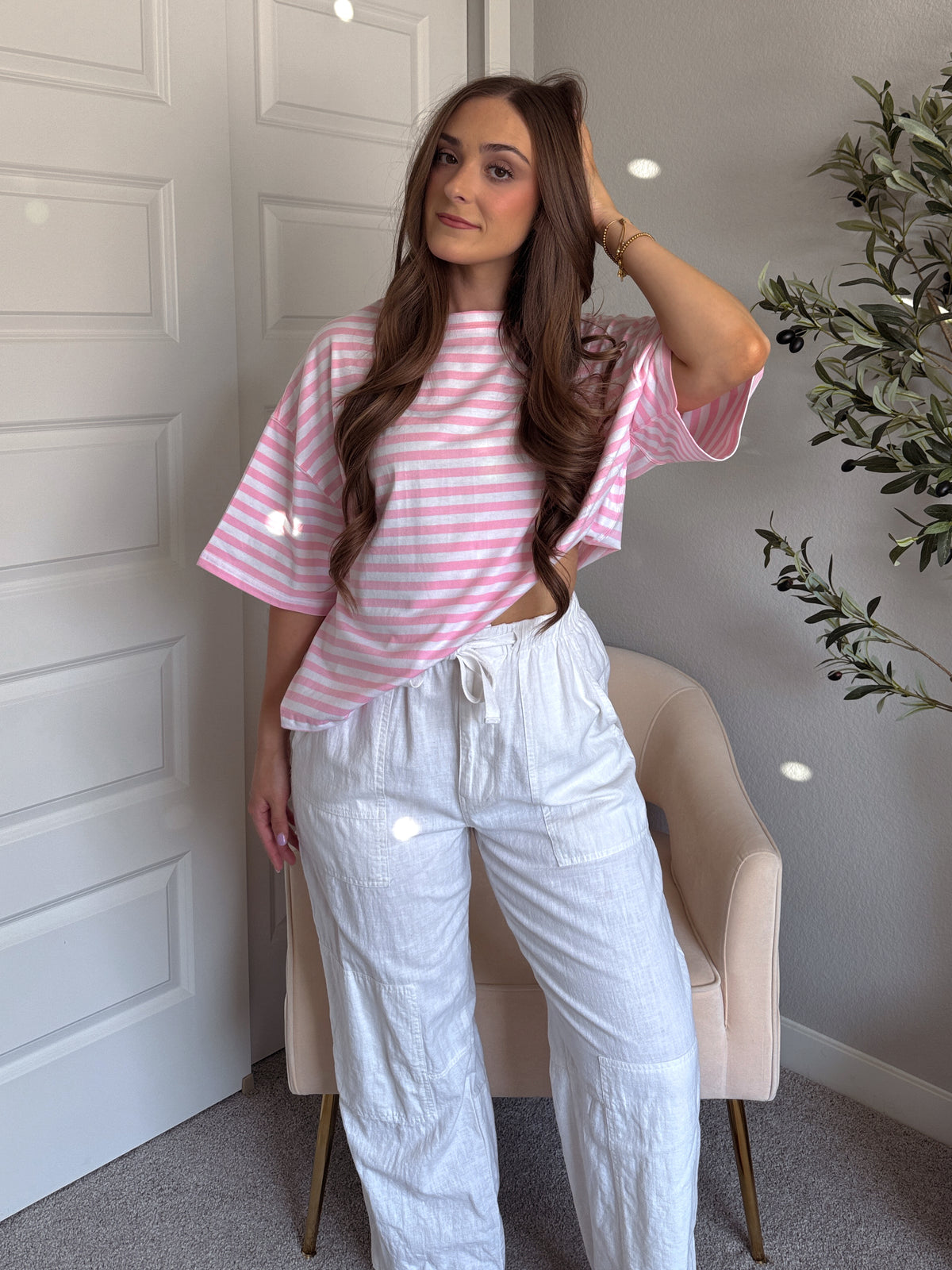 Indie Striped Cotton Boyfriend Tee (Pink/White)