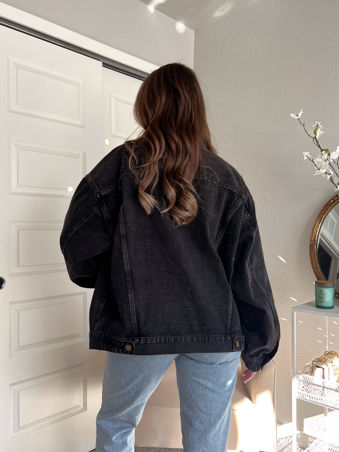 Iris Boxy Cut Oversized Denim Jacket (Charcoal) | La Belle Boutique: Neutral Women's Online Boutique