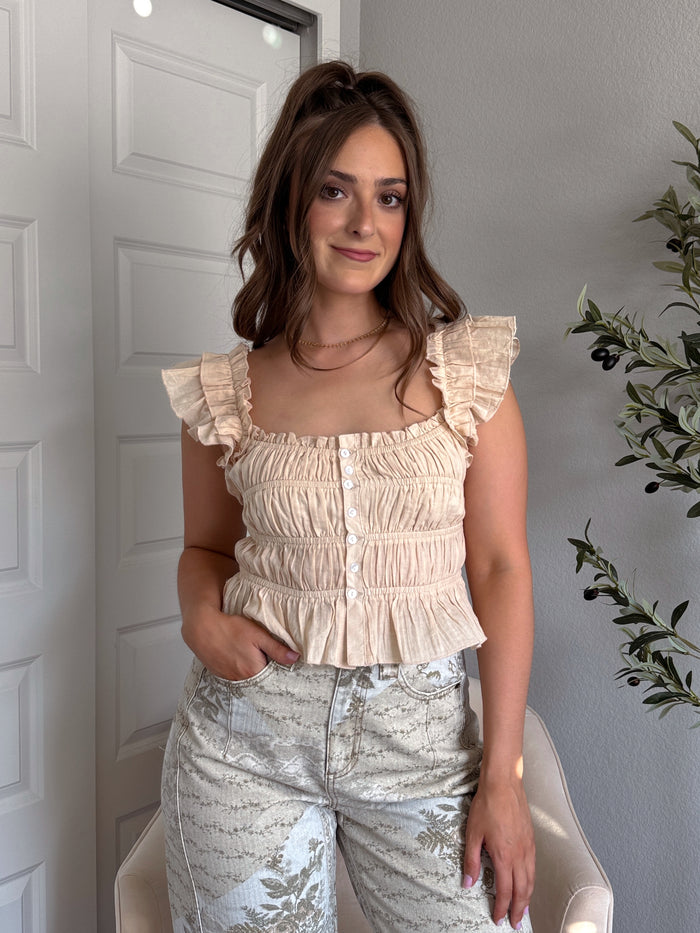 Ivy Tiered Ruffle Ruched Crop Top (Sand)