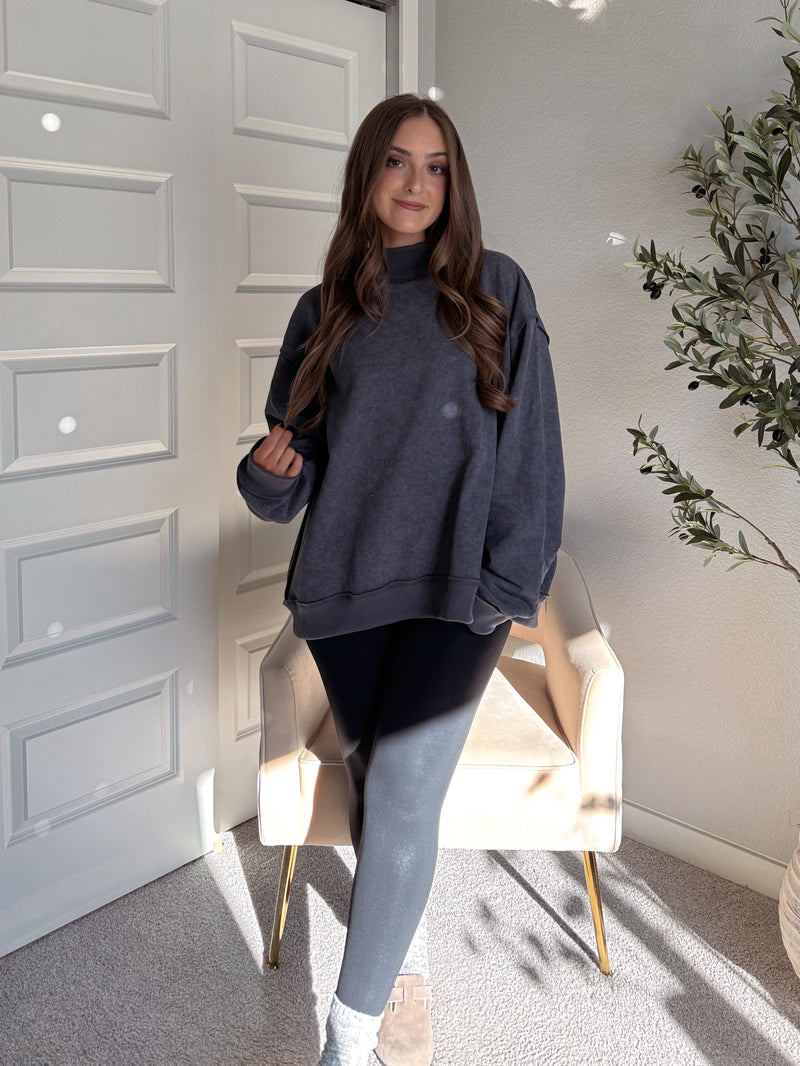 Jamie Vintage Wash Oversized Mock Neck Pullover (Charcoal)
