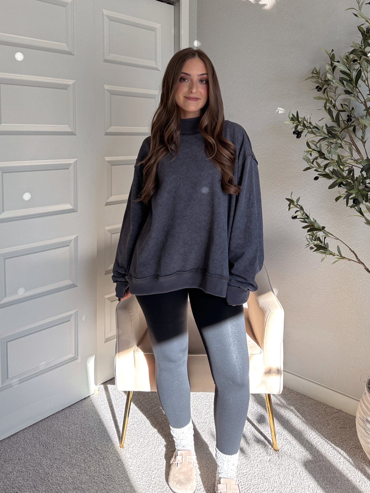 Jamie Vintage Wash Oversized Mock Neck Pullover (Charcoal)