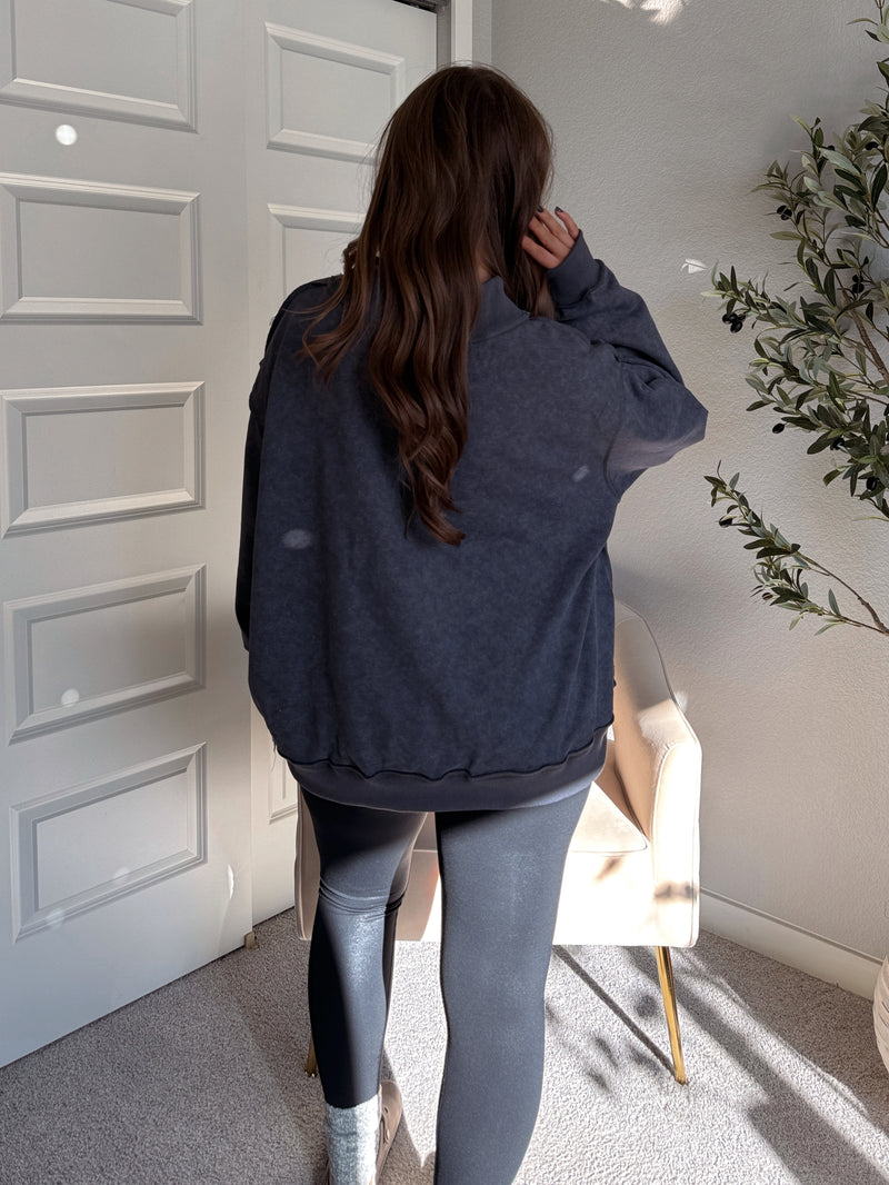 Jamie Vintage Wash Oversized Mock Neck Pullover (Charcoal)