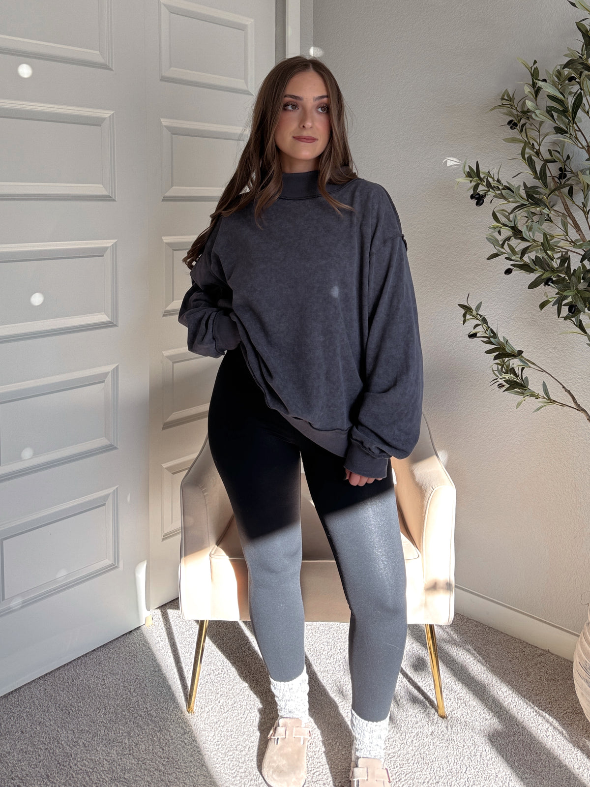 Jamie Vintage Wash Oversized Mock Neck Pullover (Charcoal)