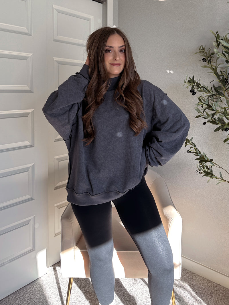 Jamie Vintage Wash Oversized Mock Neck Pullover (Charcoal)
