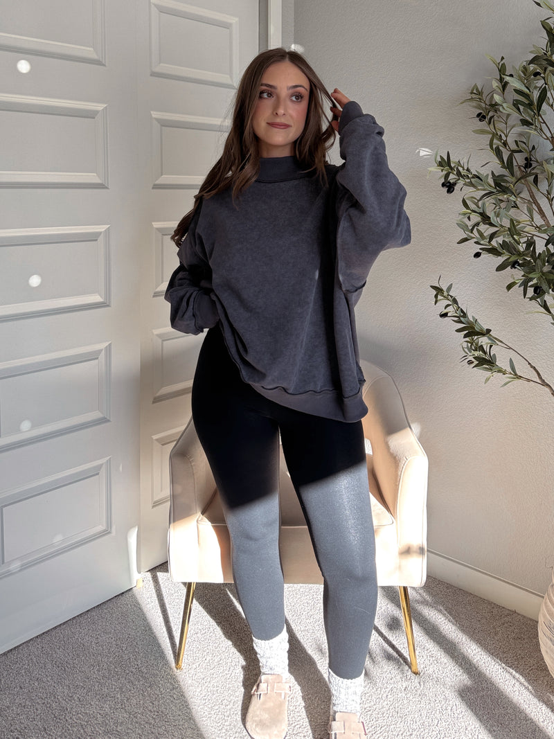 Jamie Vintage Wash Oversized Mock Neck Pullover (Charcoal)