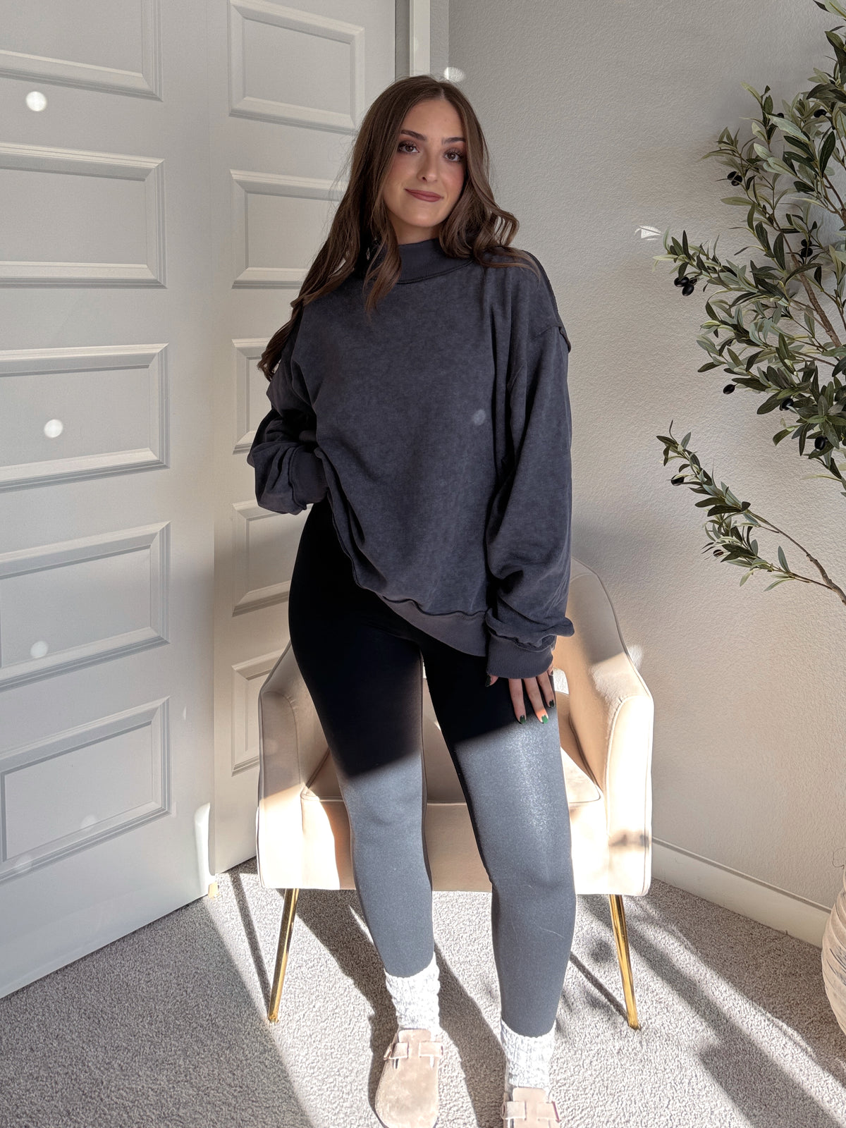 Jamie Vintage Wash Oversized Mock Neck Pullover (Charcoal)