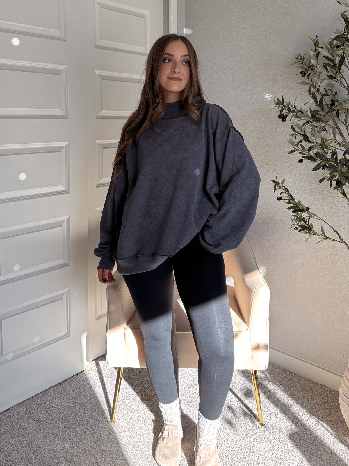 Jamie Vintage Wash Oversized Mock Neck Pullover (Charcoal)