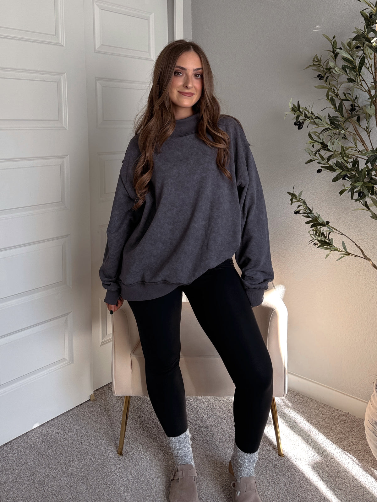 Jamie Vintage Wash Oversized Mock Neck Pullover (Charcoal)