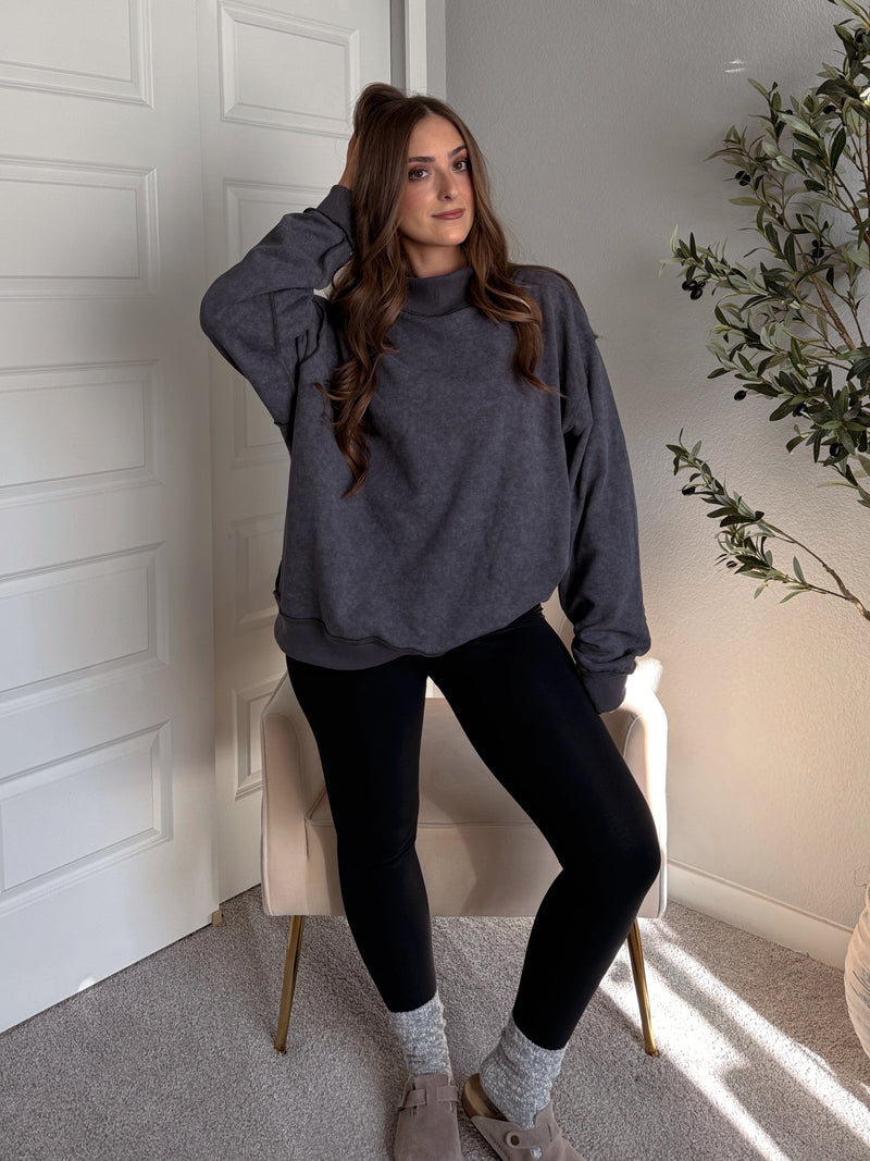 Jamie Vintage Wash Oversized Mock Neck Pullover (Charcoal)