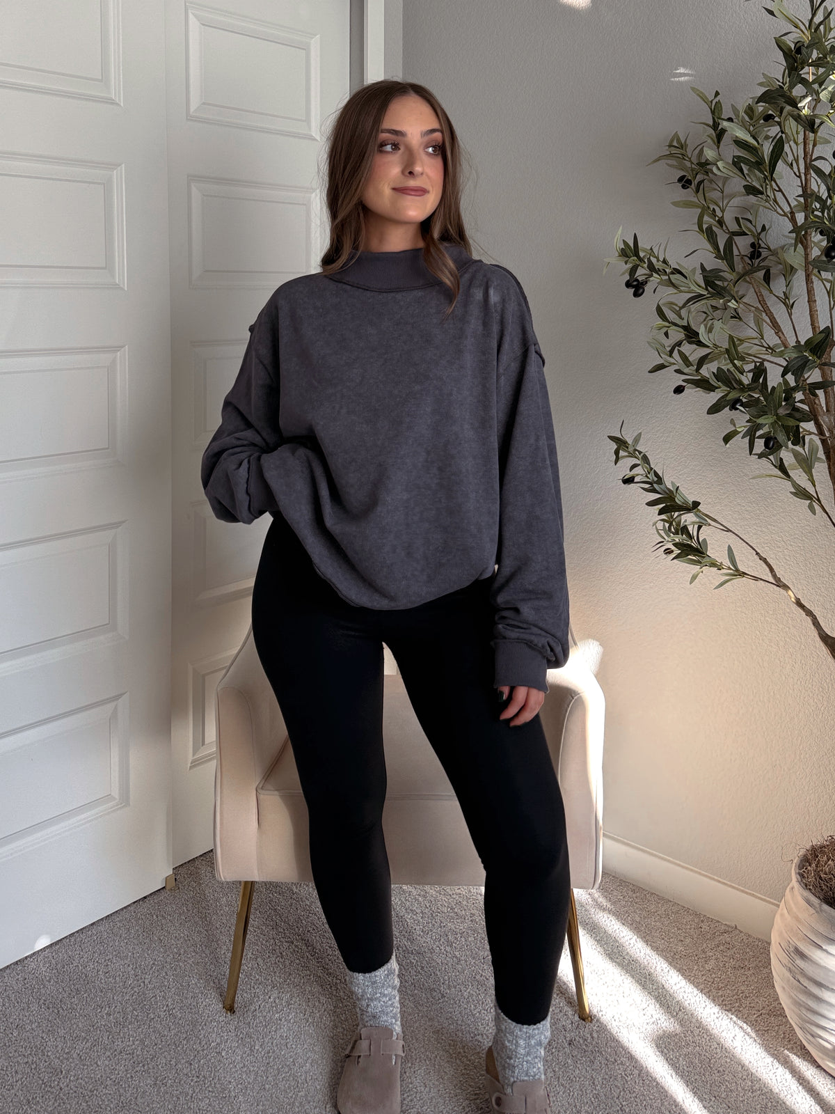 Jamie Vintage Wash Oversized Mock Neck Pullover (Charcoal)