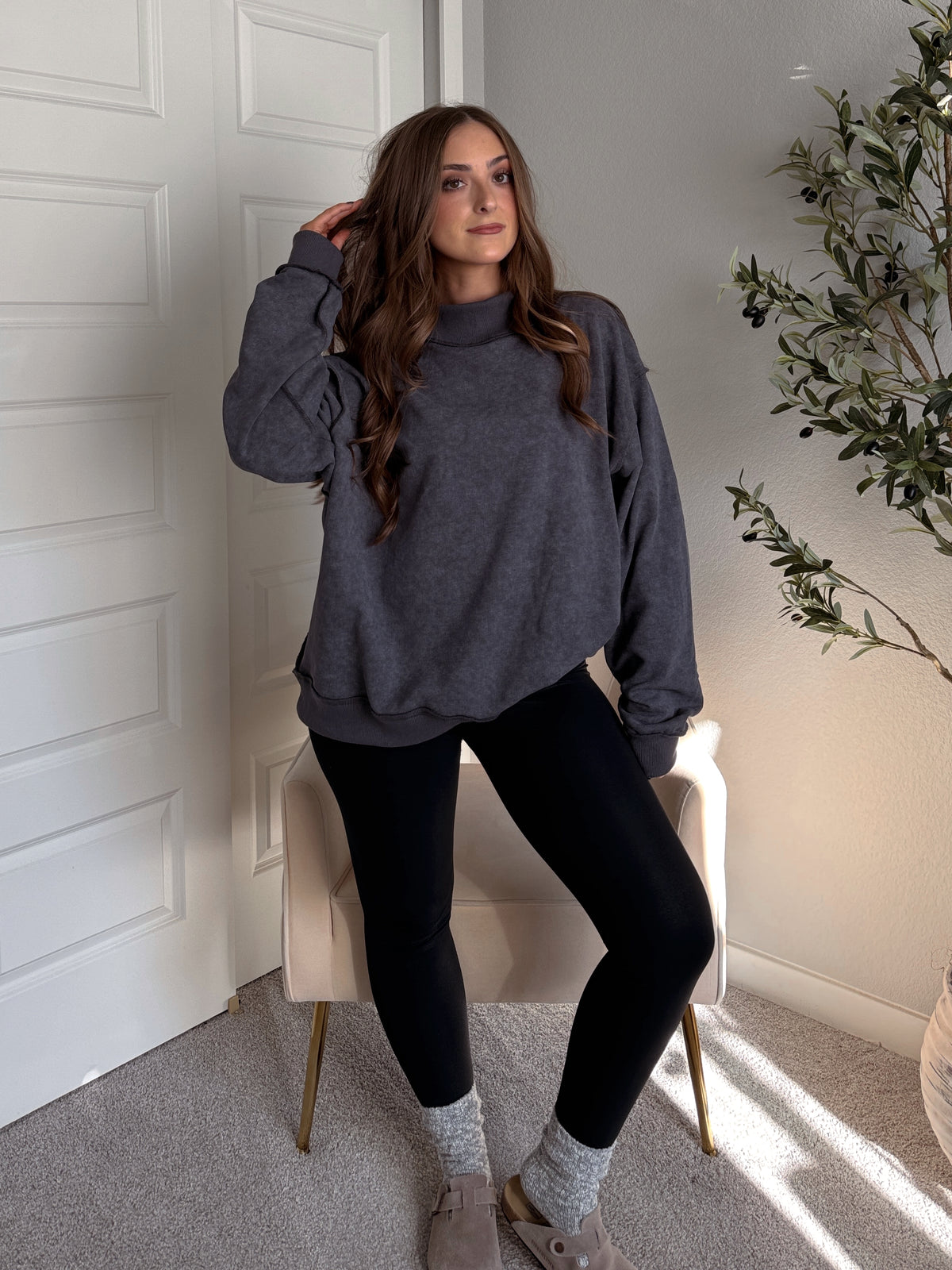 Jamie Vintage Wash Oversized Mock Neck Pullover (Charcoal)