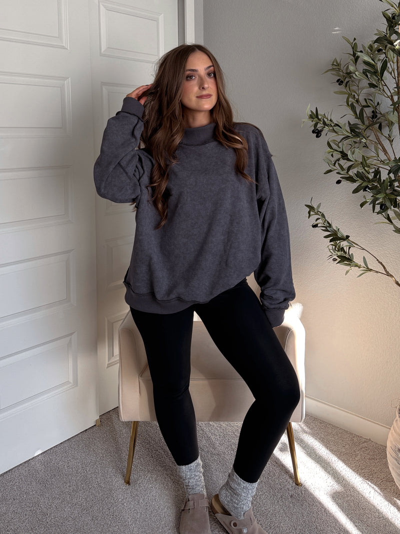 Jamie Vintage Wash Oversized Mock Neck Pullover (Charcoal)