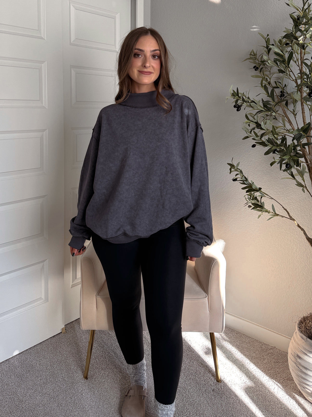 Jamie Vintage Wash Oversized Mock Neck Pullover (Charcoal)