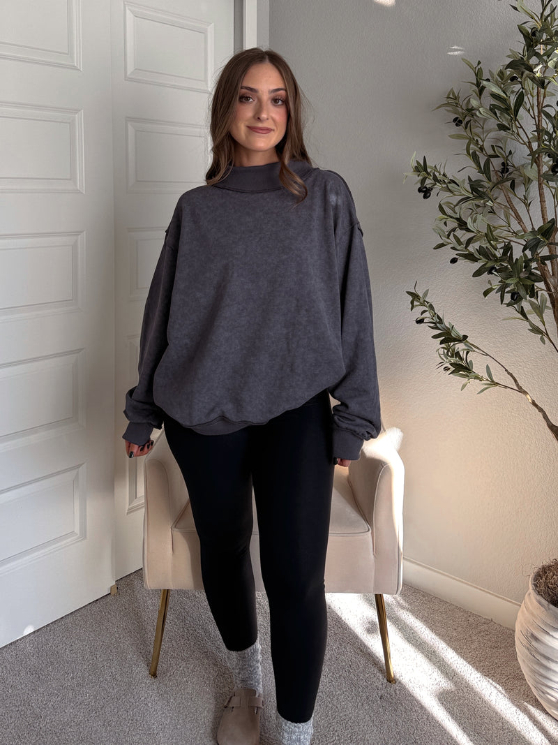 Jamie Vintage Wash Oversized Mock Neck Pullover (Charcoal)