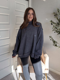 Jamie Vintage Wash Oversized Mock Neck Pullover (Charcoal)