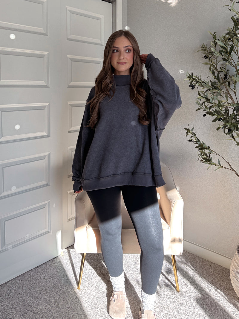 Jamie Vintage Wash Oversized Mock Neck Pullover (Charcoal)