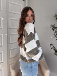 Jolie Chenille Striped Crewneck Sweater (Olive/White)