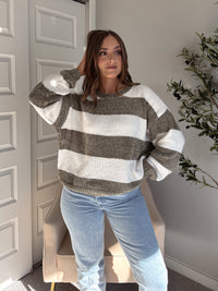 Jolie Chenille Striped Crewneck Sweater (Olive/White)